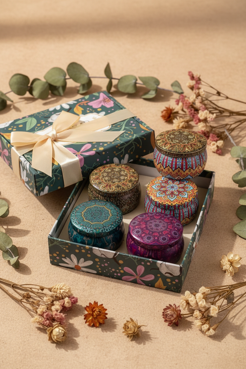 Caja de regalo con set x4 velas aromáticas y flores