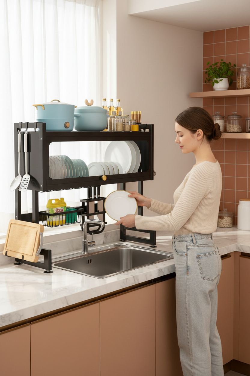 Mujer colocando platos en escurridor de 1 nivel sobre fregadero de 85cm