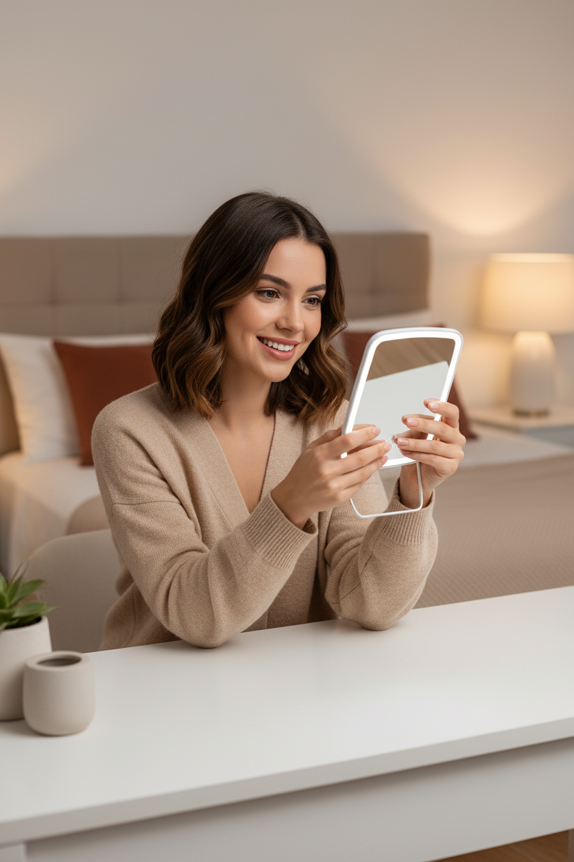 Mujer sosteniendo espejo LED compacto en sus manos
