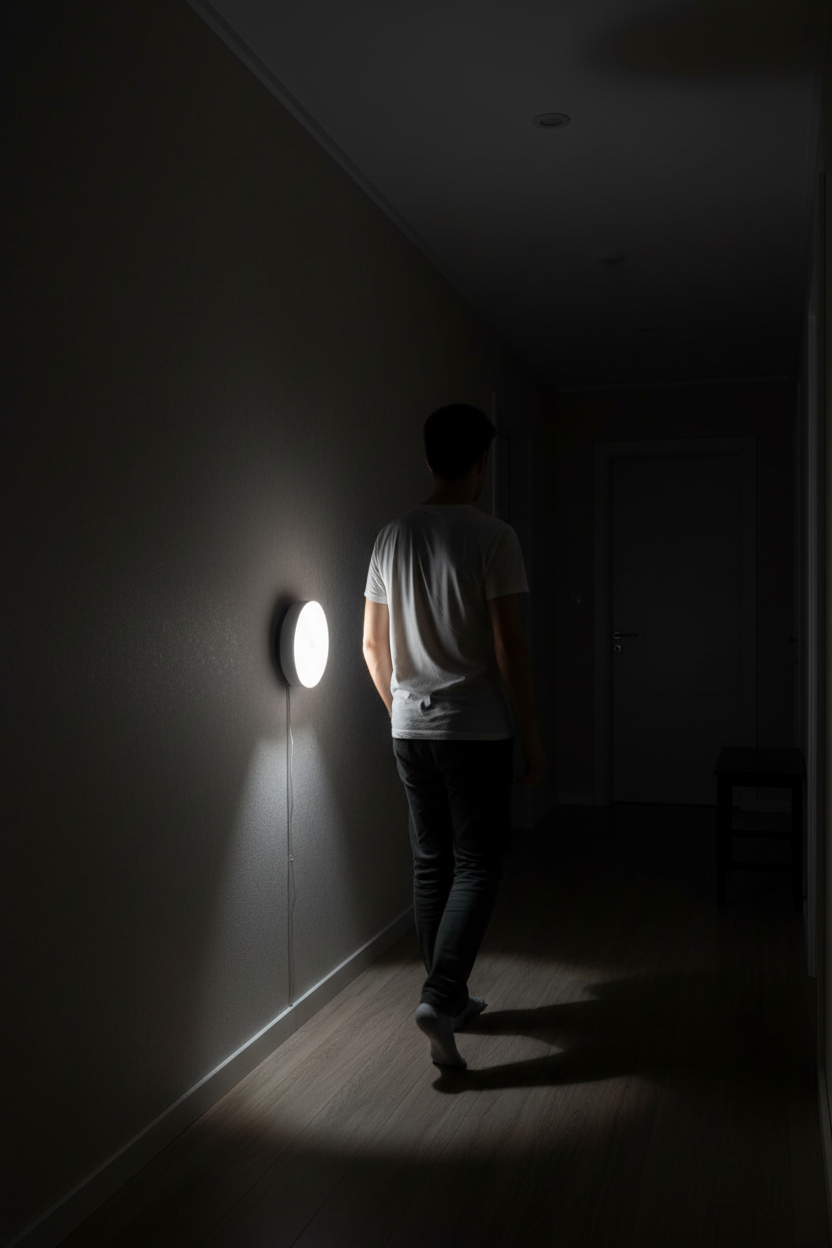 Lámpara LED con sensor iluminando pasillo oscuro
