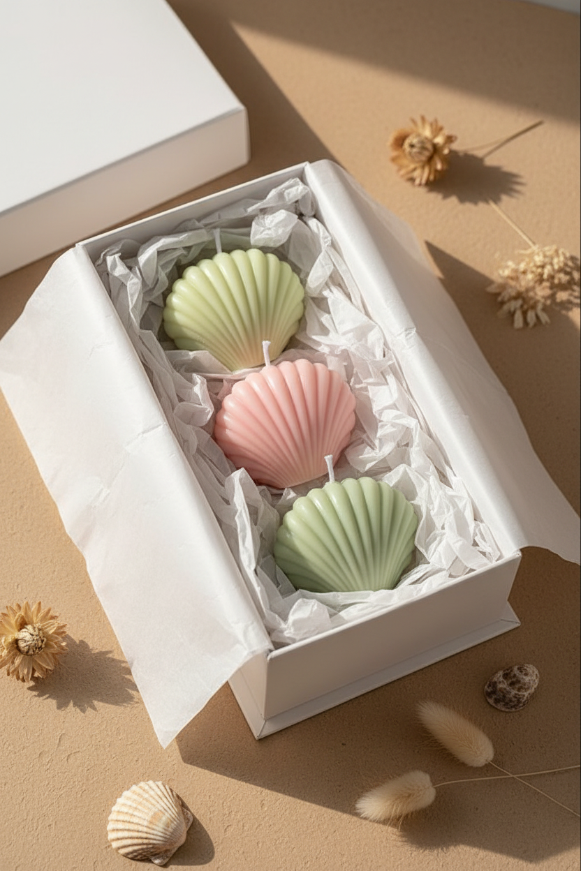 Velas concha marina en caja de regalo con flores secas