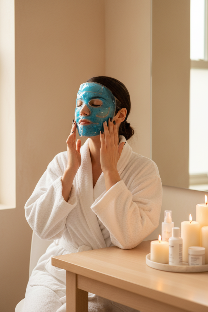 Mujer latina aplicando mascarilla gel en tocador