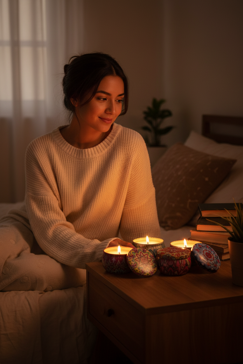 Mujer latina en dormitorio con velas mandalas encendidas