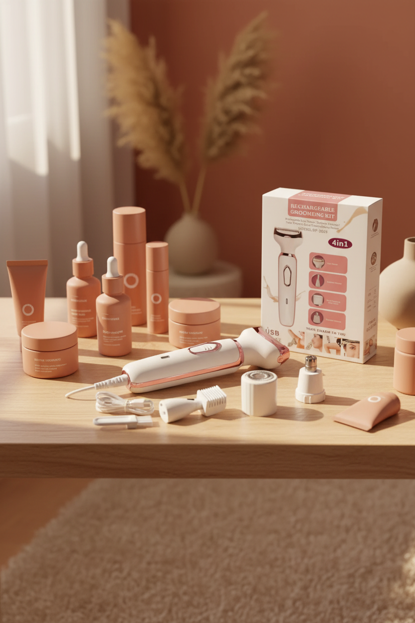 Depiladora 4 en 1 en tocador con productos de skincare – sin personas