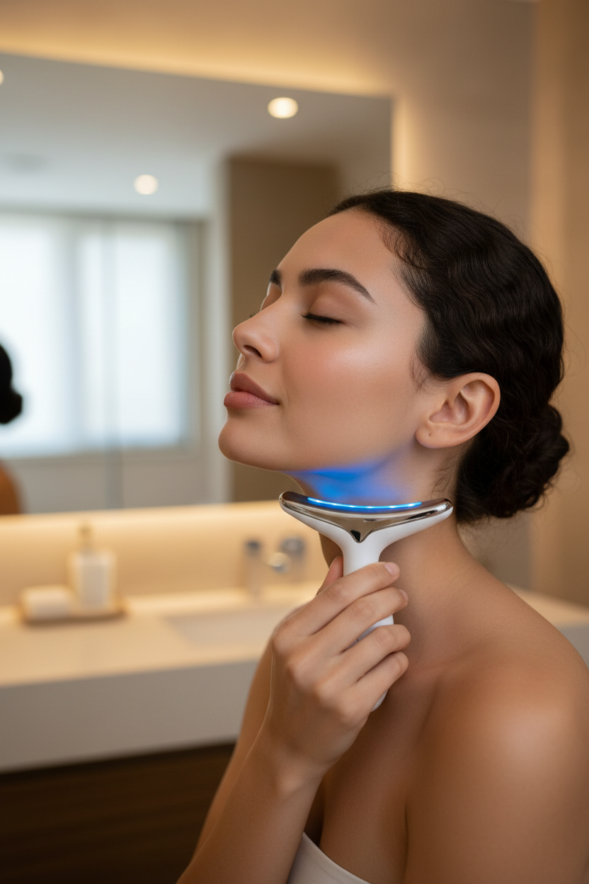 Mujer latina usando masajeador LED azul en cuello frente al espejo