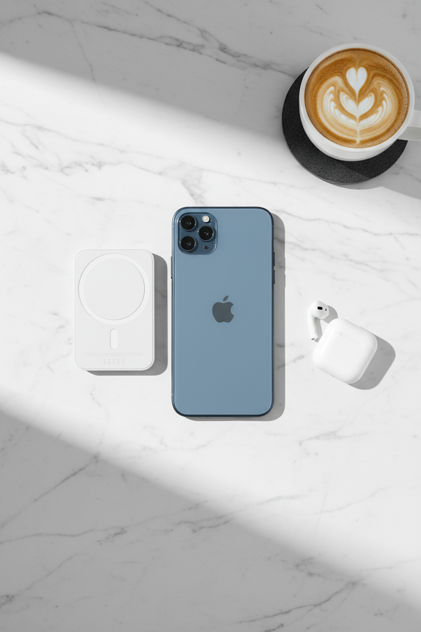 Power Bank MagSafe - Flat lay sobre mármol blanco con accesorios