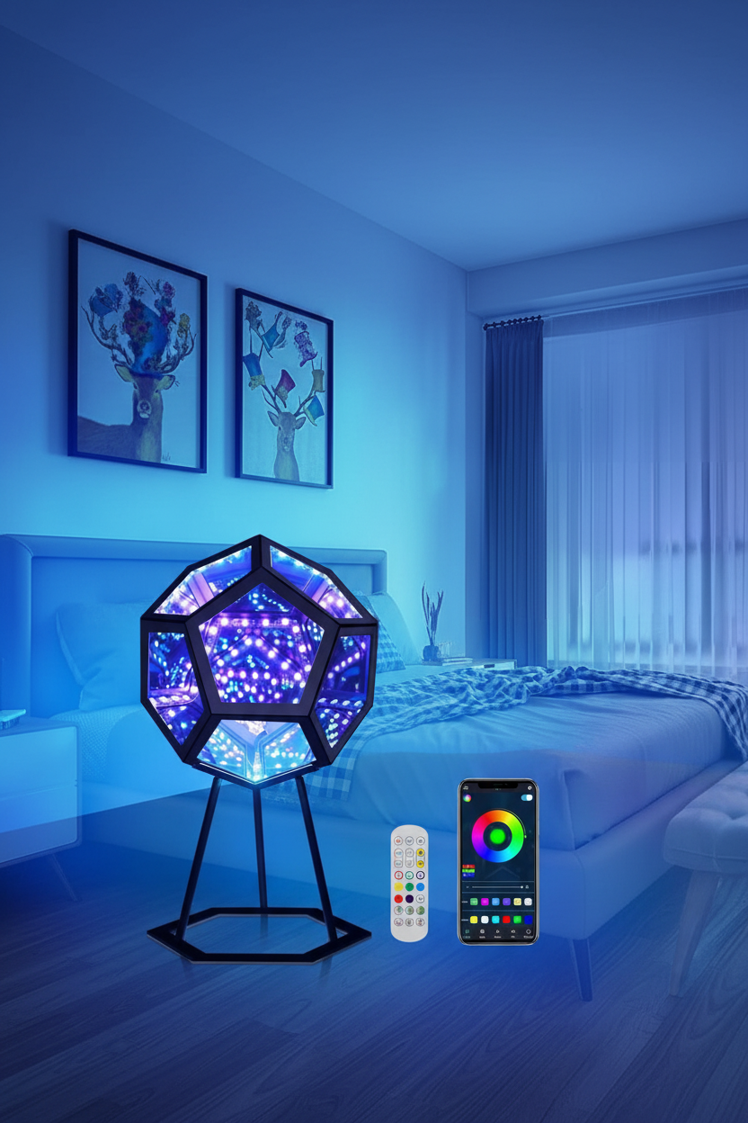 Lámpara infinity RGB en dormitorio moderno con control remoto