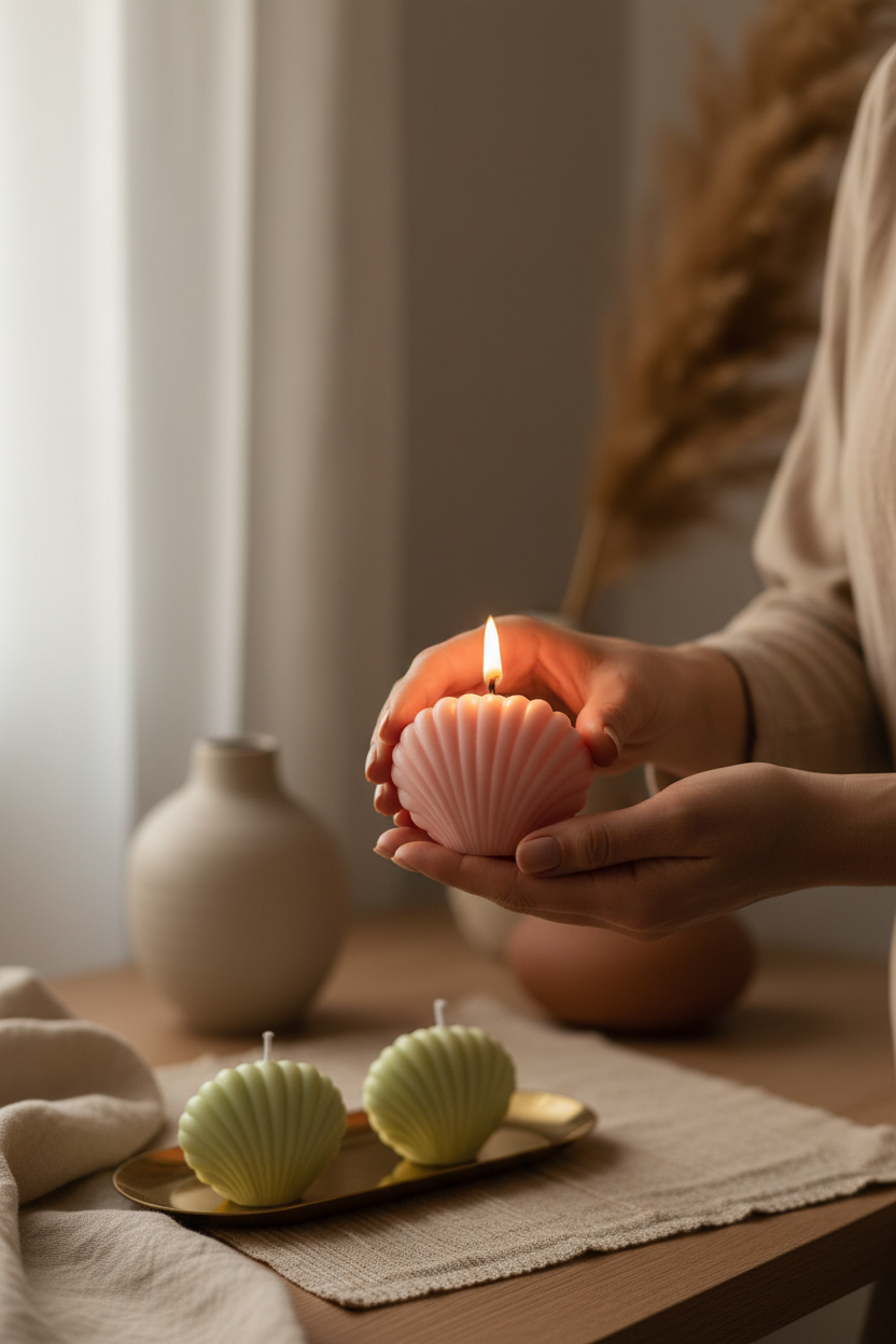 Manos sosteniendo vela aromática concha marina rosa