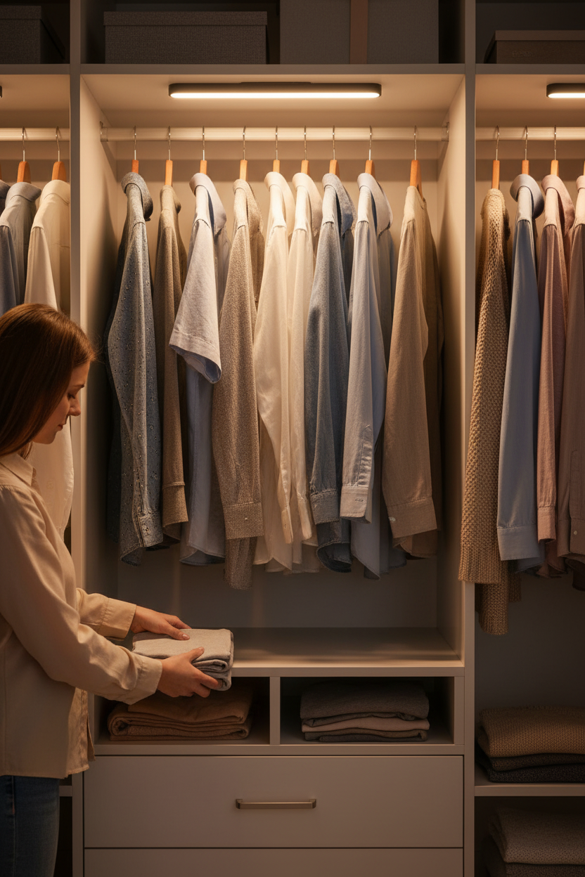 Lámpara LED iluminando ropa en armario con luz ajustable