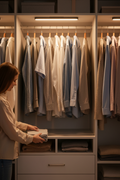 Lámpara LED iluminando ropa en armario con luz ajustable