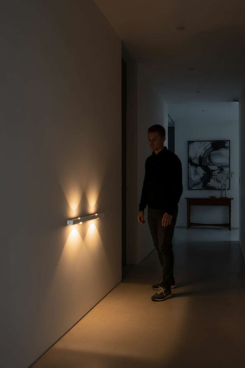 Lámpara LED con sensor de movimiento activándose en pasillo
