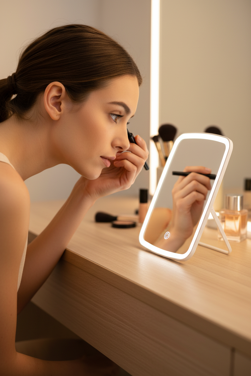 Mujer aplicando delineador con espejo LED compacto