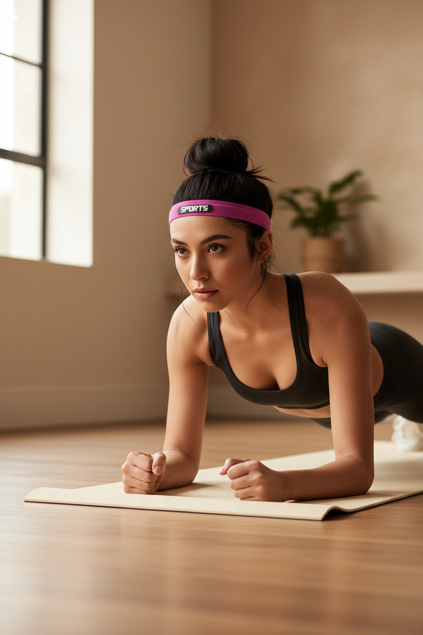 Mujer latina con banda deportiva haciendo workout en casa