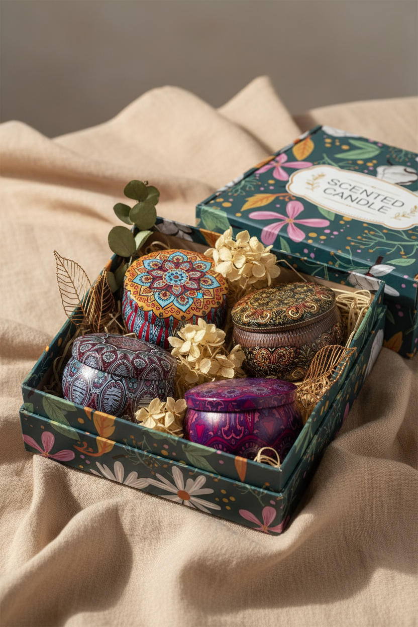 Set x4 velas aromáticas en caja de regalo abierta sobre lino beige