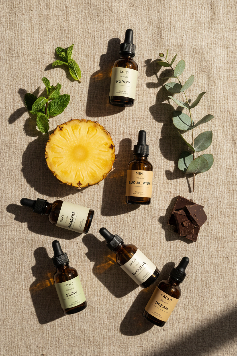 Flat lay de esencias aromáticas con ingredientes naturales