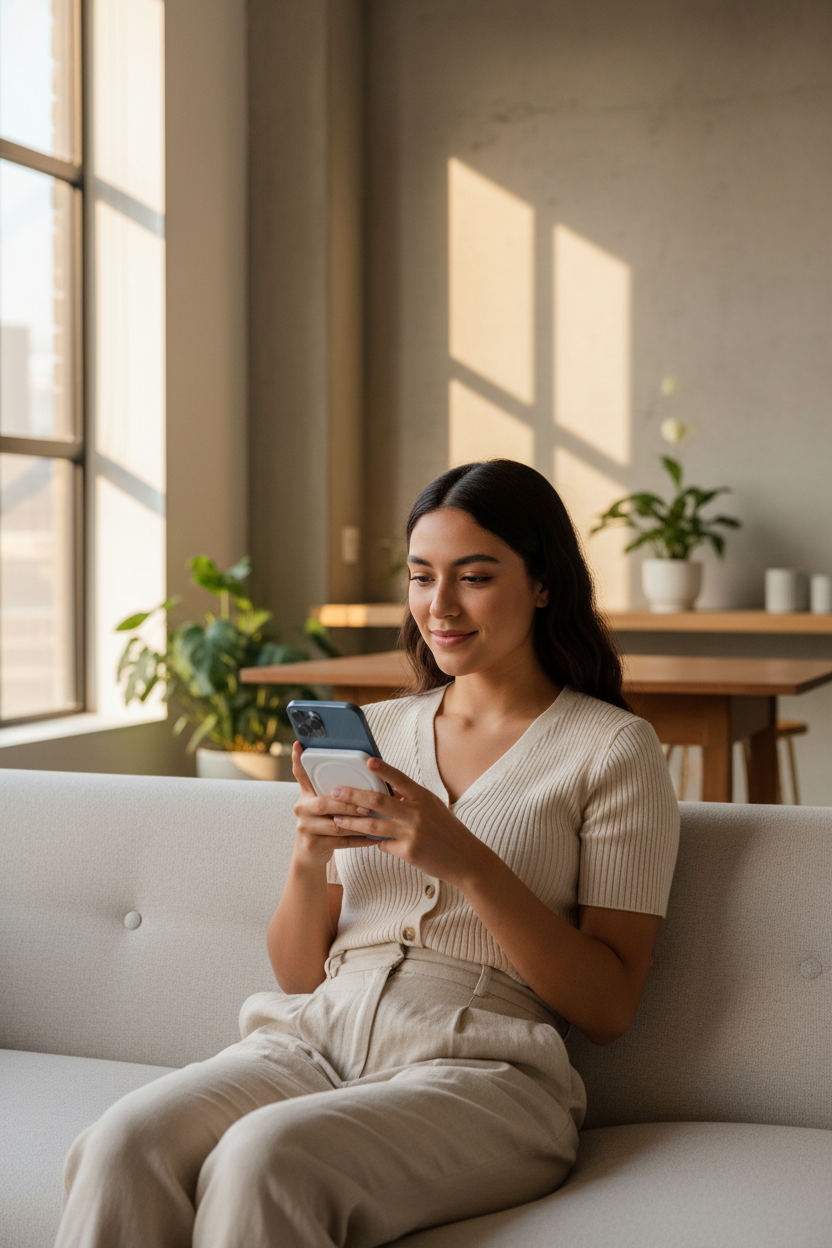 Mujer latina cargando su iPhone con Power Bank MagSafe en apartamento moderno