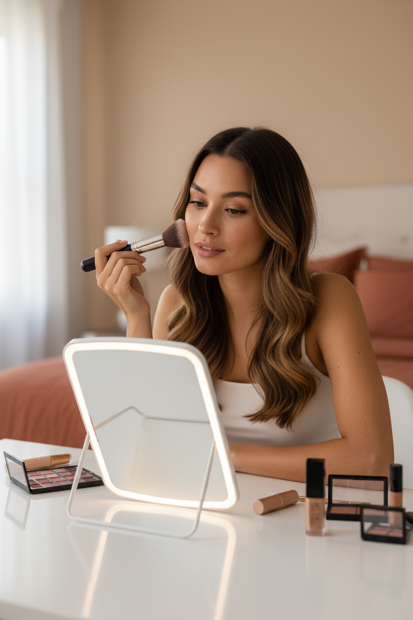 Mujer aplicando maquillaje con espejo LED compacto portátil