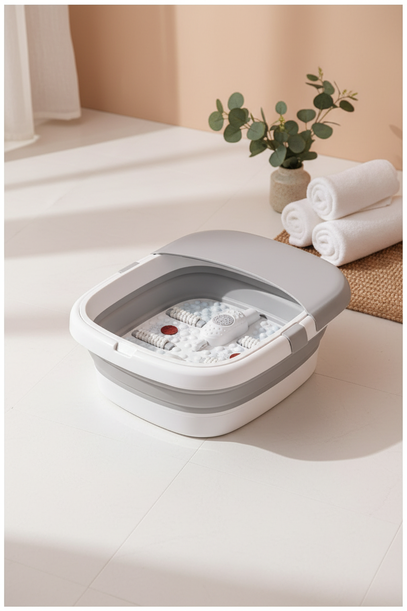 Tina de pies plegable en baño minimalista tonos beige