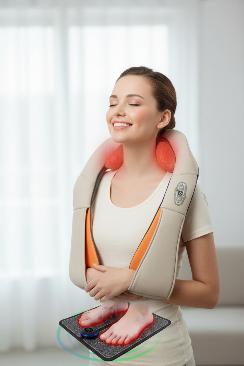 Modelo latina usando combo spa: masajeador cervical y tapete de pies