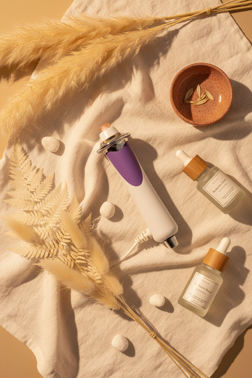 Flat lay con dispositivo real Derma Wand – Tusset