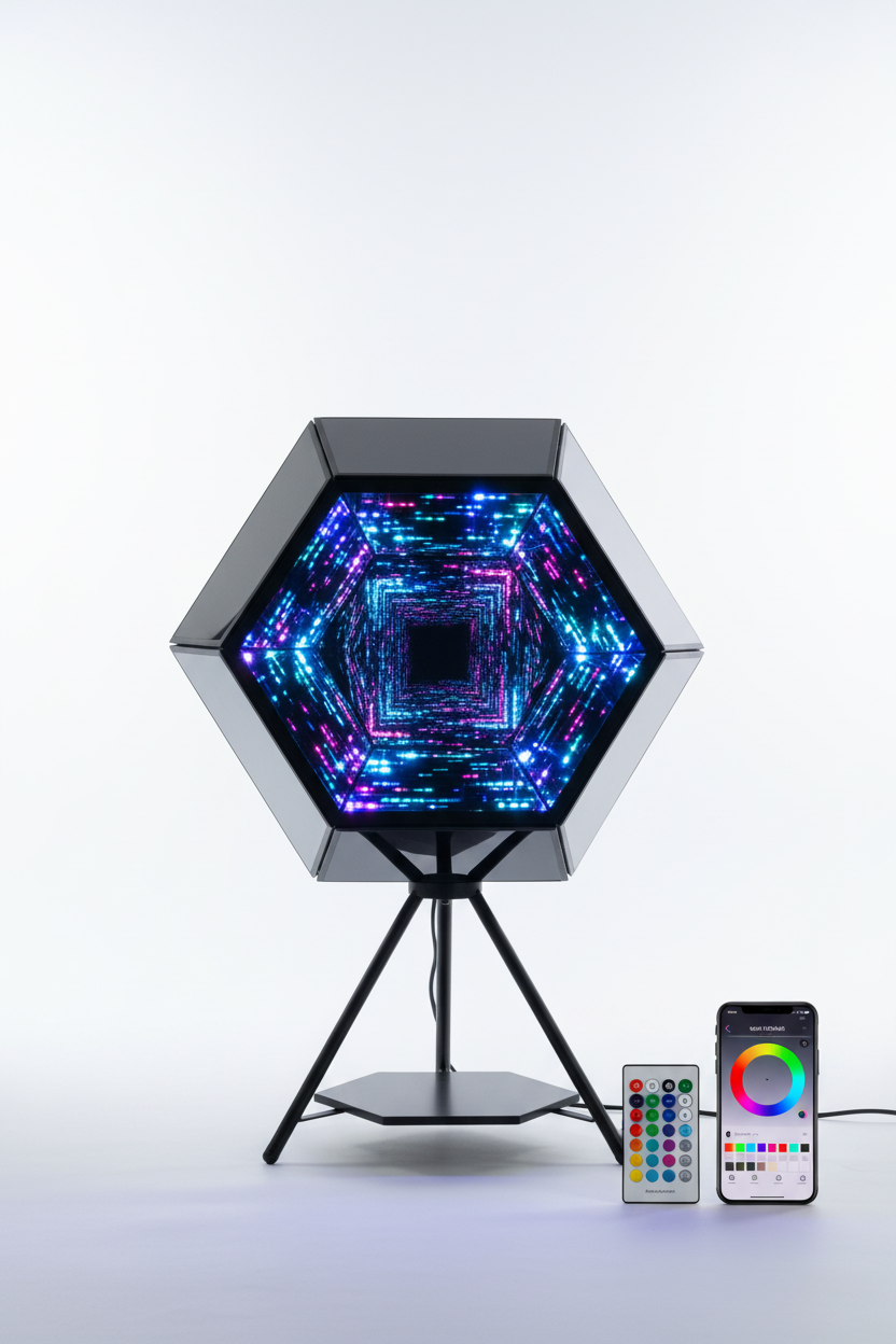 Lámpara dodecaedro infinity con luces RGB y efecto espejo infinito