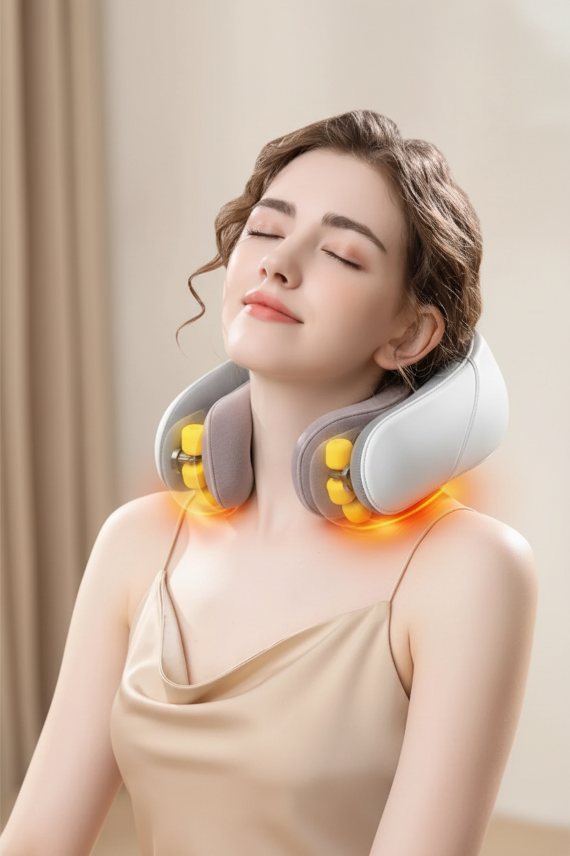 Mujer relajada usando masajeador cervical con terapia de calor