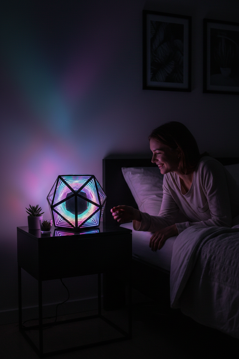 Lámpara dodecaedro iluminando espacio nocturno