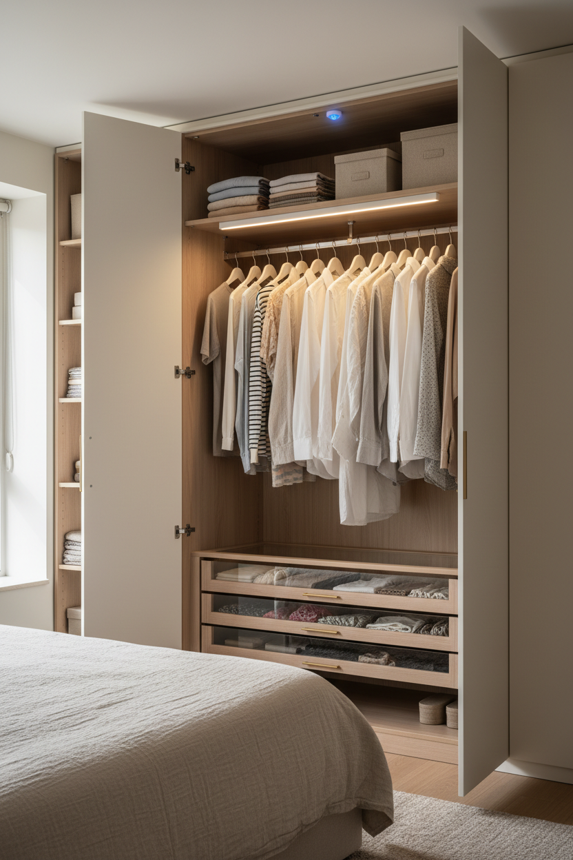 Luz LED en closet iluminando ropa