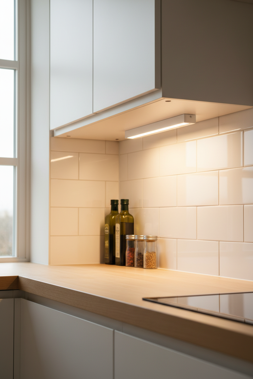 Luz LED en cocina iluminando encimera