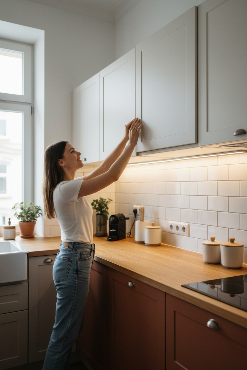 Mujer activando luz LED con sensor