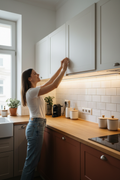 Mujer activando luz LED con sensor