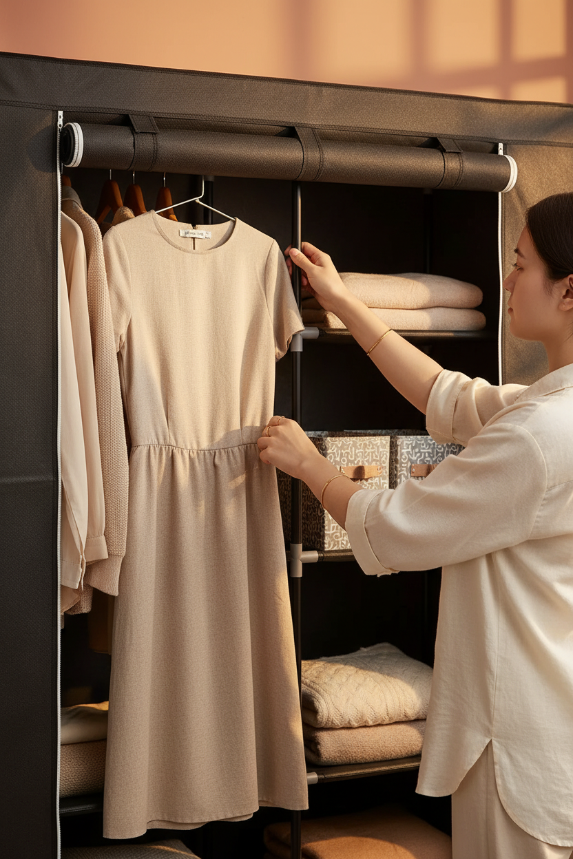 Mujer organizando ropa en el closet