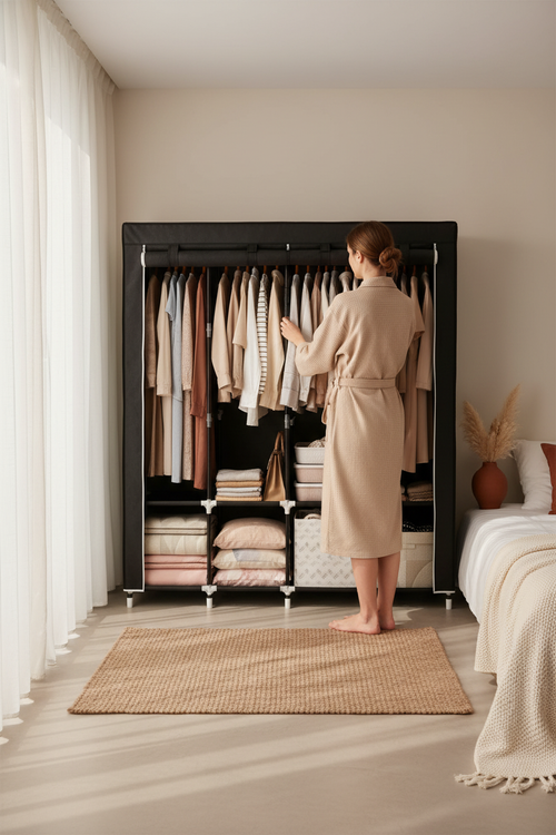 Mujer seleccionando outfit del closet amplio