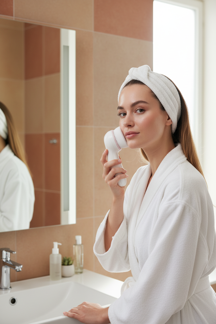 Mujer usando cepillo facial en mejilla