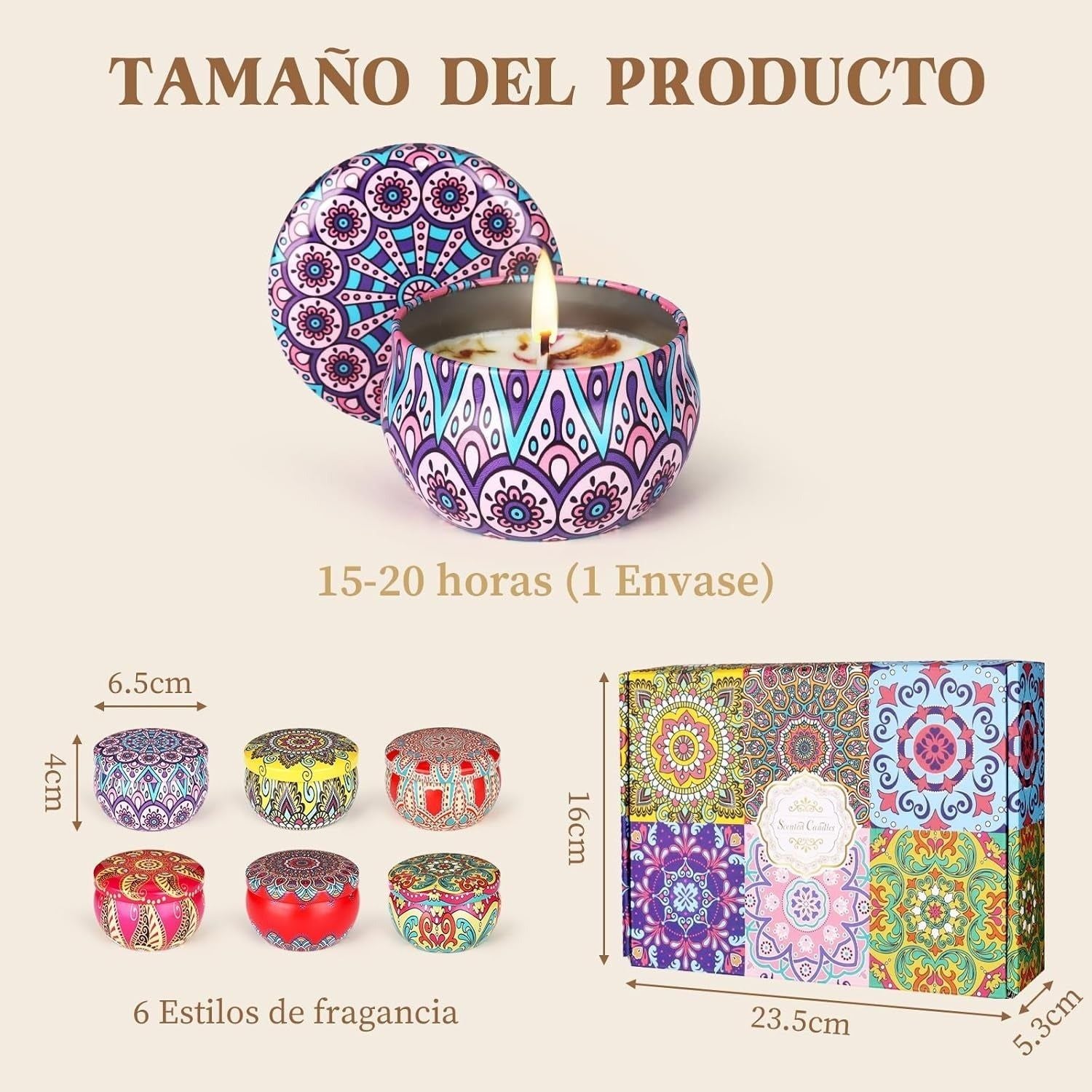 Set de 6 Velas Aromáticas con Diseños Mandalas